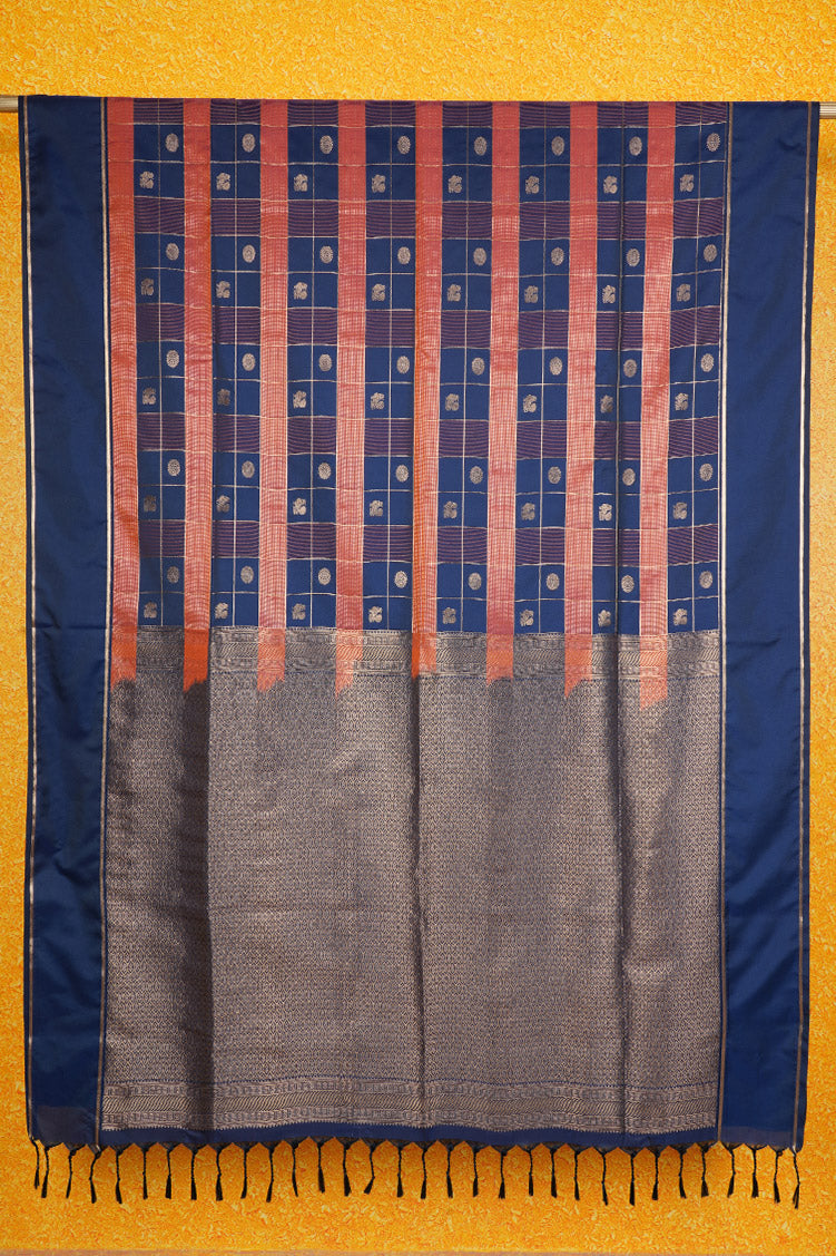 Dark Blue and Orange Checked Kanchipuram Semi Soft Silk Saree