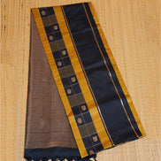 Dark Blue and Mustard Yellow Checked Kanchipuram Semi Soft Silk Saree