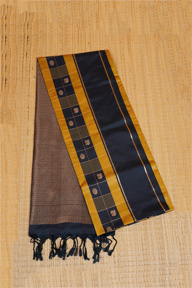 Dark Blue and Mustard Yellow Checked Kanchipuram Semi Soft Silk Saree