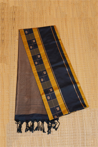 Dark Blue and Mustard Yellow Checked Kanchipuram Semi Soft Silk Saree