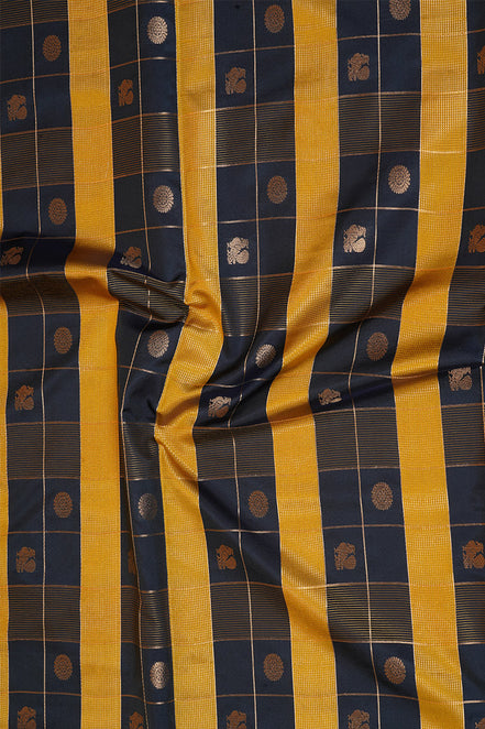 Dark Blue and Mustard Yellow Checked Kanchipuram Semi Soft Silk Saree