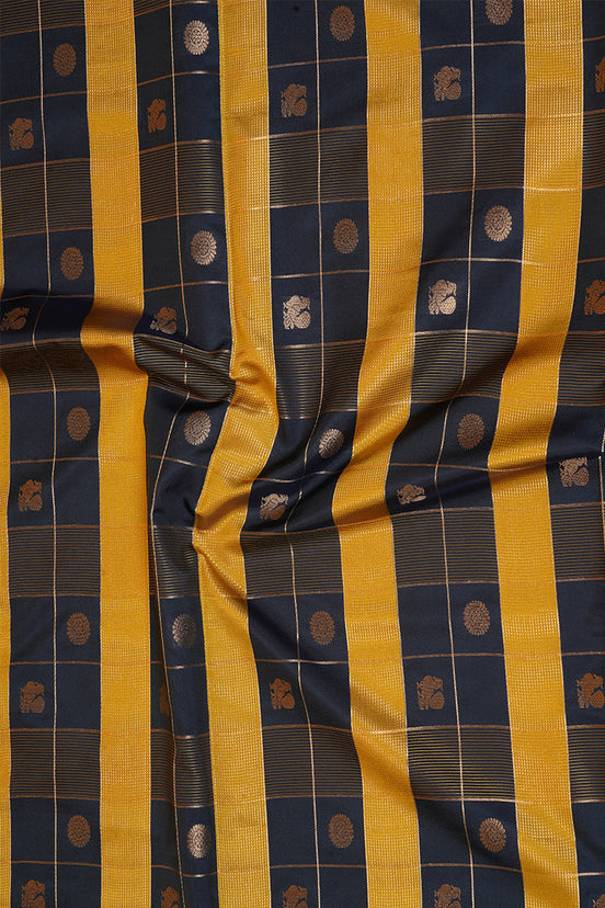 Dark Blue and Mustard Yellow Checked Kanchipuram Semi Soft Silk Saree