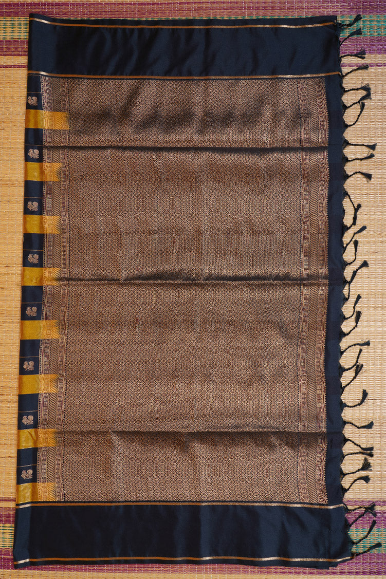 Dark Blue and Mustard Yellow Checked Kanchipuram Semi Soft Silk Saree