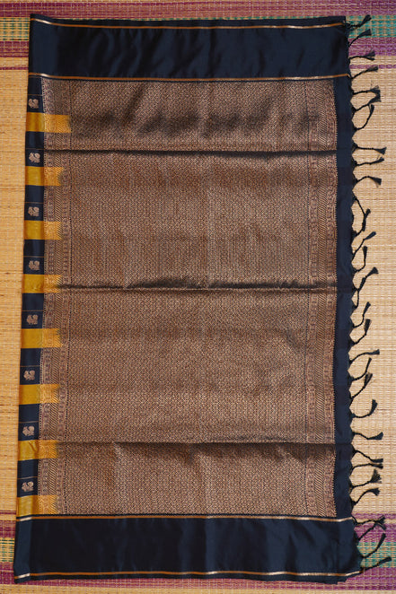 Dark Blue and Mustard Yellow Checked Kanchipuram Semi Soft Silk Saree