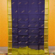 Dark Blue Pure Soft Silk Saree with Parrot Green Borders