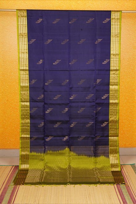 Dark Blue Pure Soft Silk Saree with Parrot Green Borders