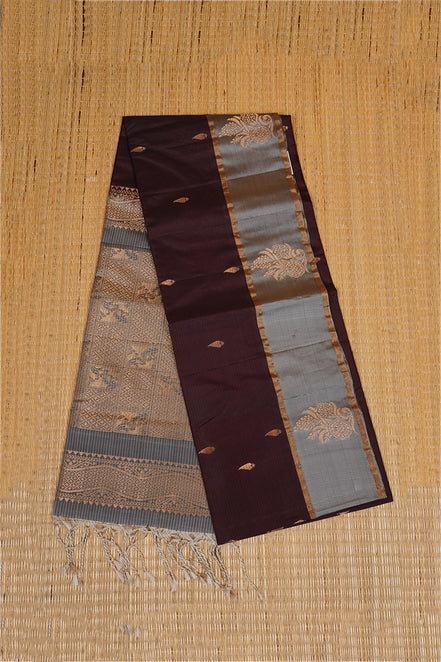Dark Chocolate Brown Pure Softsilk Saree with Steel Grey Borders