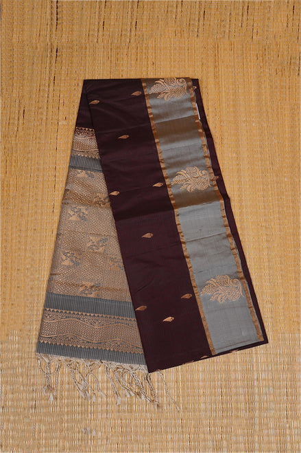 Dark Chocolate Brown Pure Softsilk Saree with Steel Grey Borders