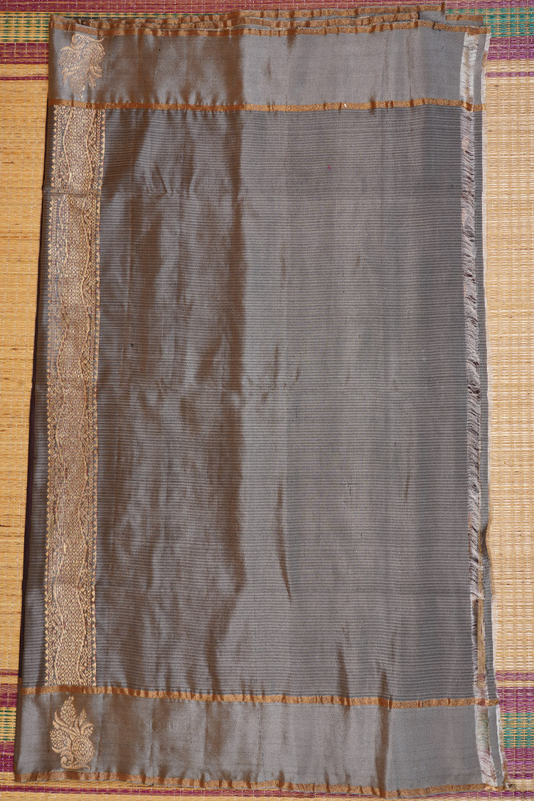 Dark Chocolate Brown Pure Softsilk Saree with Steel Grey Borders
