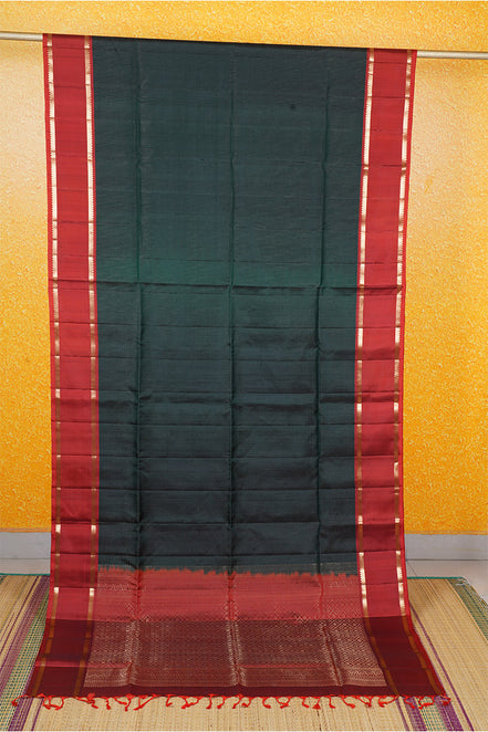 Dark Green Pure Lightweight Silk Saree with Burnt Orange Borders