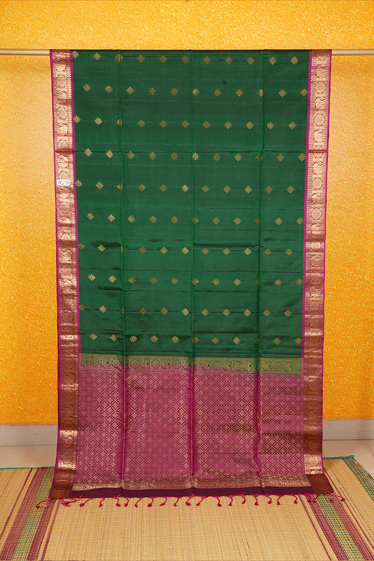 Dark Green Lightweight Kanchipuram Saree with Pink Borders