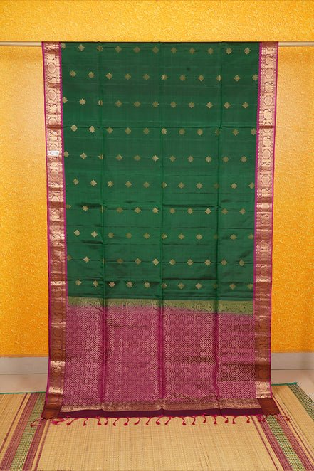 Dark Green Lightweight Kanchipuram Saree with Pink Borders