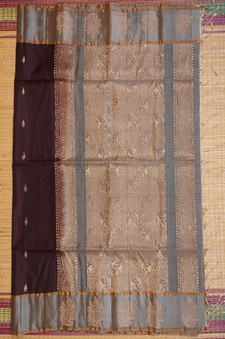Dark Chocolate Brown Pure Softsilk Saree with Steel Grey Borders