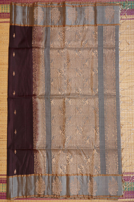 Dark Chocolate Brown Pure Softsilk Saree with Steel Grey Borders