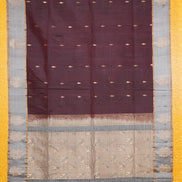 Dark Chocolate Brown Pure Softsilk Saree with Steel Grey Borders