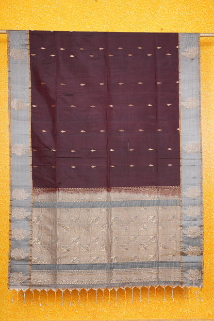 Dark Chocolate Brown Pure Softsilk Saree with Steel Grey Borders