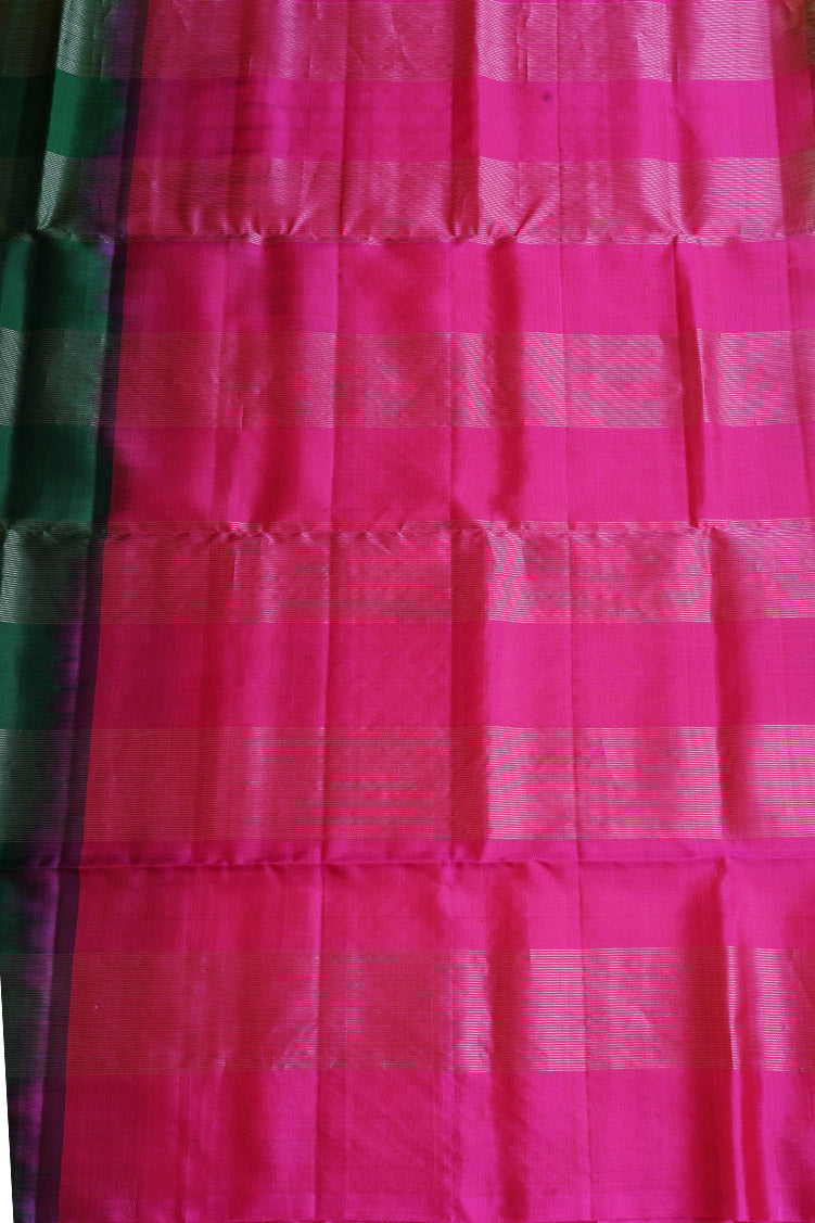 Dark Green Borderless Pure Soft Silk Saree with Rani Pink Pallu