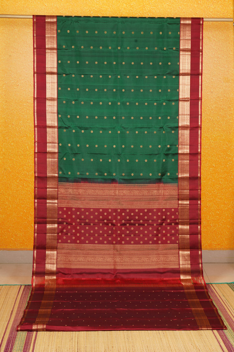 Dark Green Pure Lightweight Kanchipuram Silk Saree with Maroon Borders