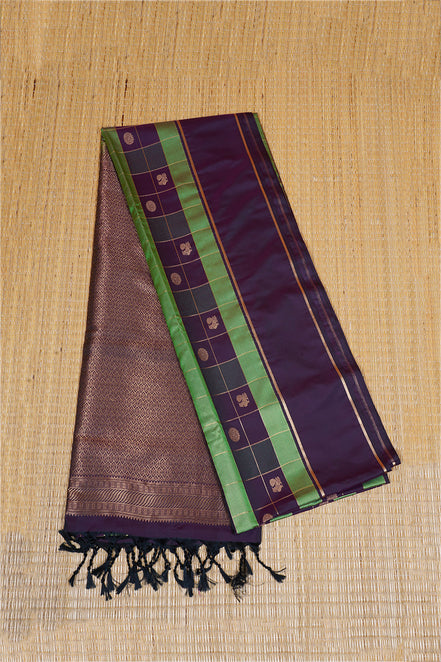 Deep Purple and Green Checked Kanchipuram Semi Soft Silk Saree