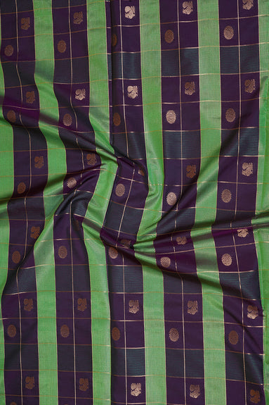 Deep Purple and Green Checked Kanchipuram Semi Soft Silk Saree