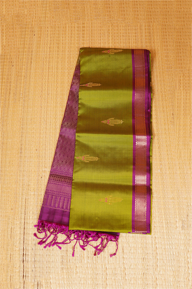 Leaf Green Pure Soft Silk Saree with Magenta Borders