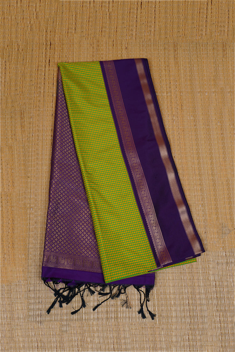 Lime Green and Yellow Checked Kanchipuram Semi Soft Silk Saree