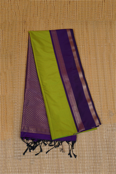 Lime Green and Yellow Checked Kanchipuram Semi Soft Silk Saree