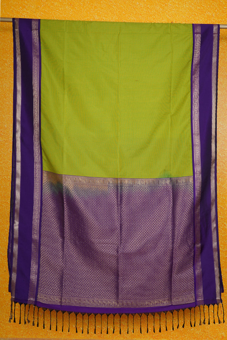 Lime Green and Yellow Checked Kanchipuram Semi Soft Silk Saree