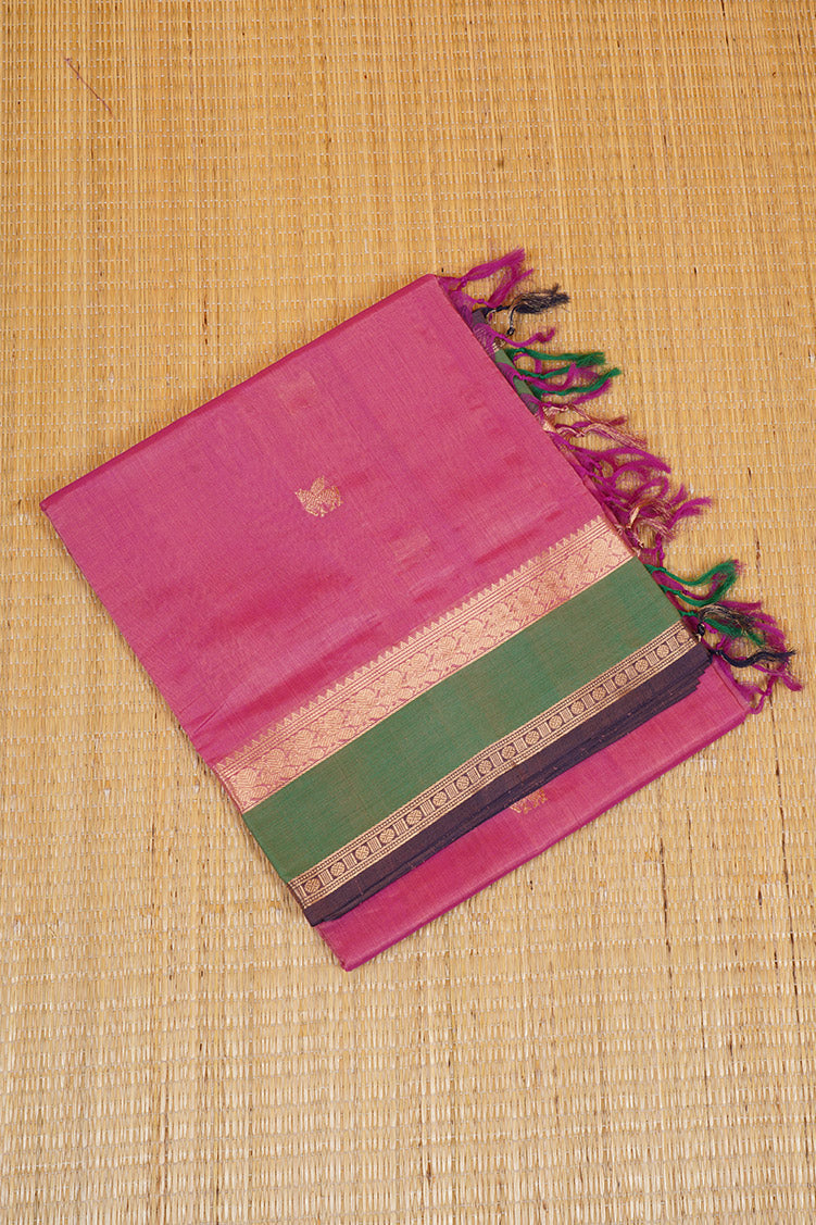 Lotus Pink Vintage Silkcotton Saree with Green Borders