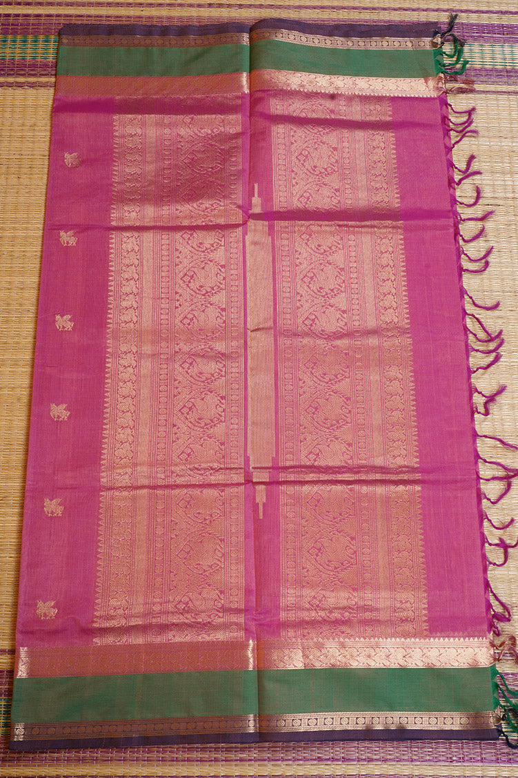 Lotus Pink Vintage Silkcotton Saree with Green Borders