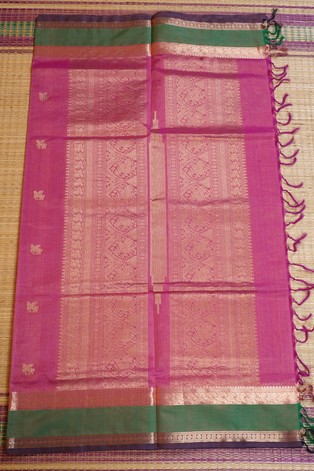 Lotus Pink Vintage Silkcotton Saree with Green Borders