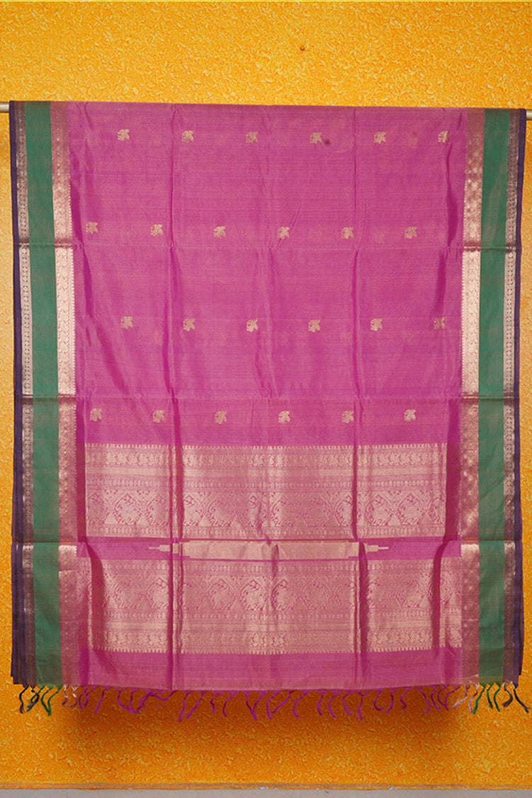 Lotus Pink Vintage Silkcotton Saree with Green Borders