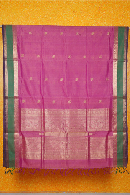 Lotus Pink Vintage Silkcotton Saree with Green Borders