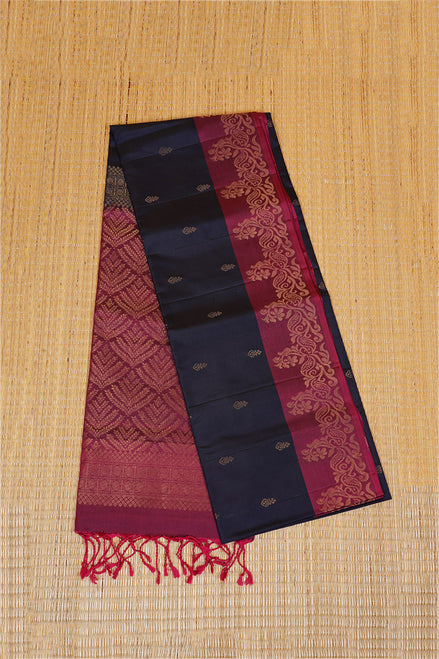 Midnight blue Pure Soft Silk saree with Wine Border