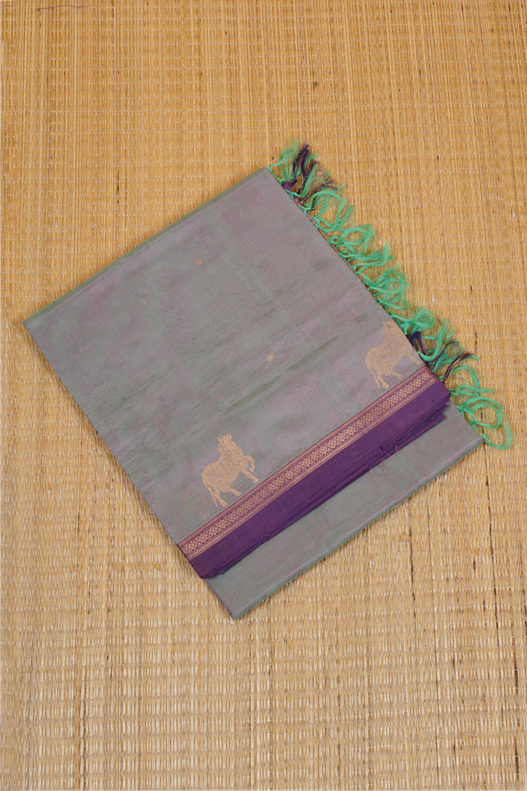 Mint Green with Pink Shot Vintage Silkcotton Saree with Purple Selvedge