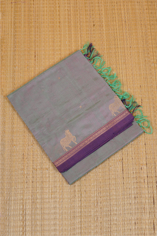 Mint Green with Pink Shot Vintage Silkcotton Saree with Purple Selvedge