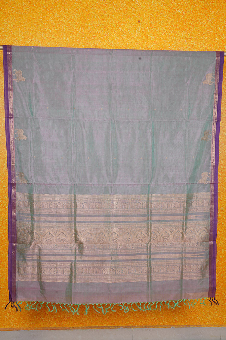 Mint Green with Pink Shot Vintage Silkcotton Saree with Purple Selvedge