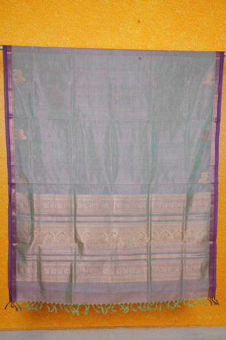 Mint Green with Pink Shot Vintage Silkcotton Saree with Purple Selvedge
