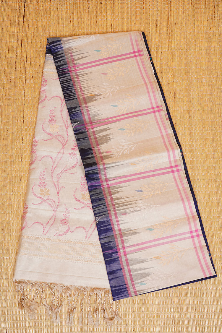 Navy Blue Pure Soft Silk Saree with Off-White Thread Border