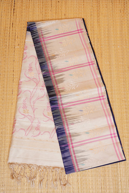 Navy Blue Pure Soft Silk Saree with Off-White Thread Border