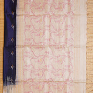 Navy Blue Pure Soft Silk Saree with Off-White Thread Border