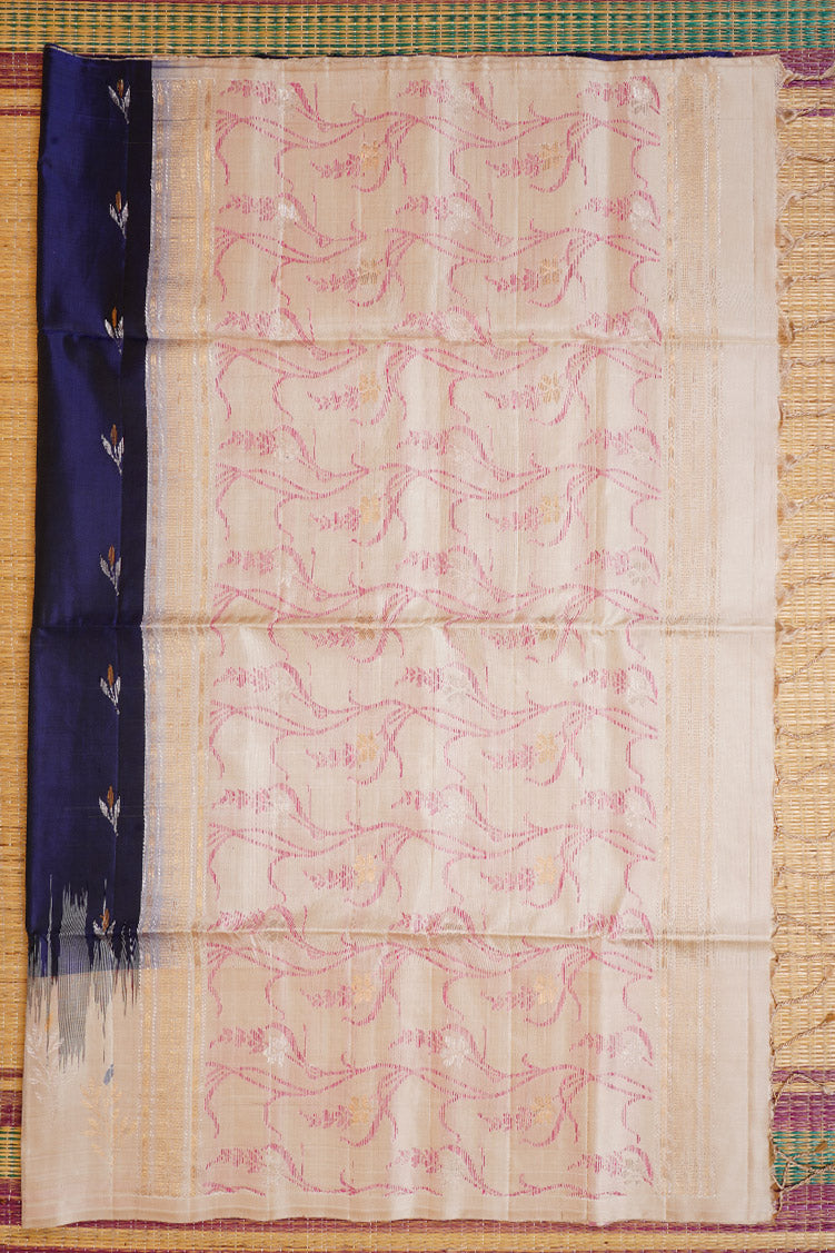 Navy Blue Pure Soft Silk Saree with Off-White Thread Border