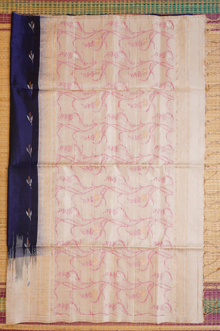 Navy Blue Pure Soft Silk Saree with Off-White Thread Border