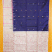 Navy Blue Pure Soft Silk Saree with Off-White Thread Border