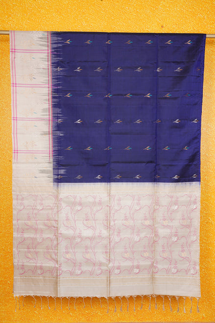 Navy Blue Pure Soft Silk Saree with Off-White Thread Border