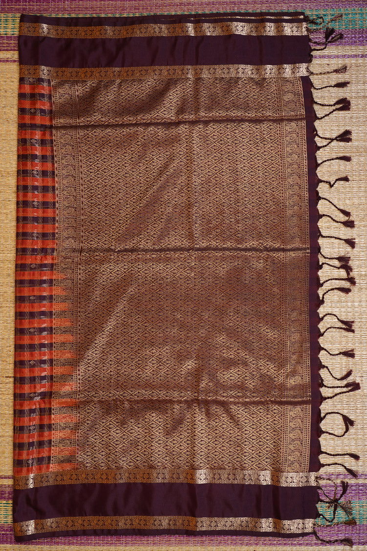 Orange and Coffee Brown Checked Kanchipuram Semi Soft Silk Saree