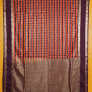 Orange and Coffee Brown Checked Kanchipuram Semi Soft Silk Saree