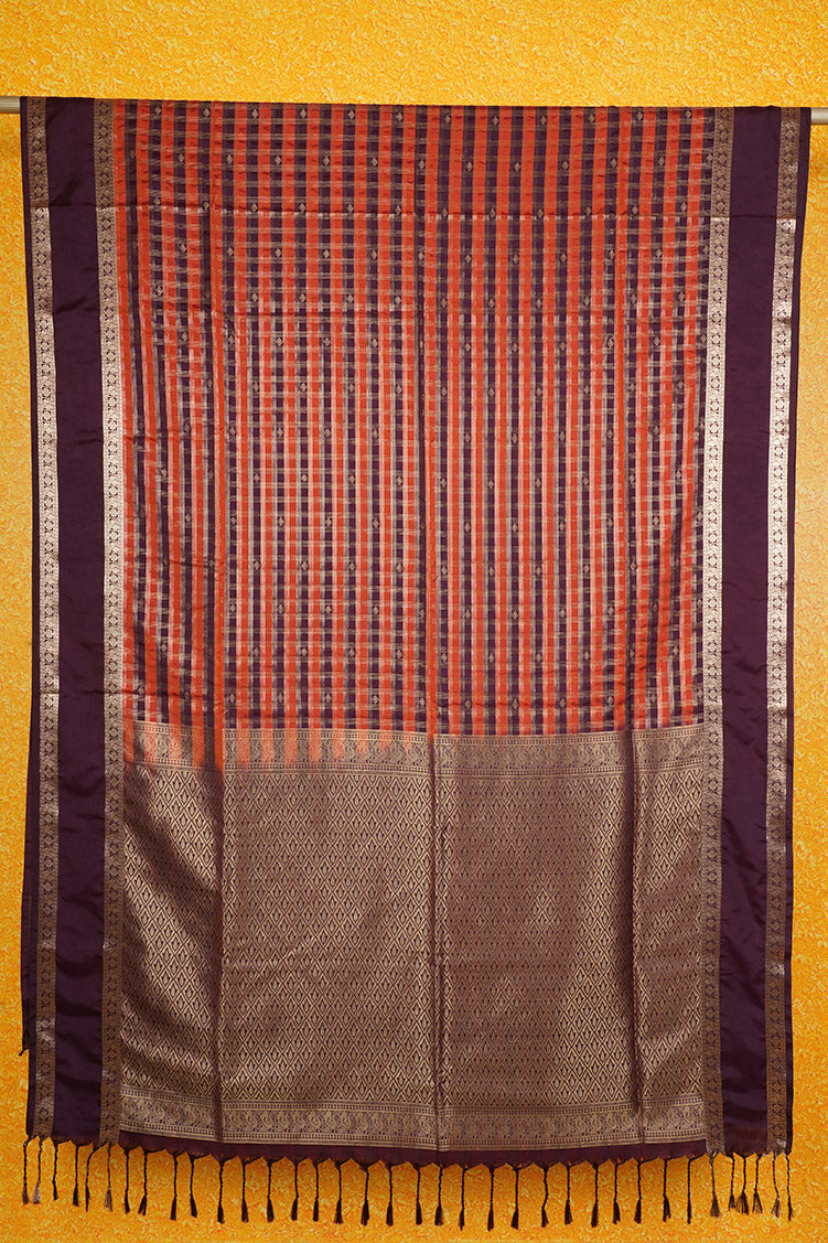 Orange and Coffee Brown Checked Kanchipuram Semi Soft Silk Saree