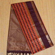 Orange and Coffee Brown Checked Kanchipuram Semi Soft Silk Saree