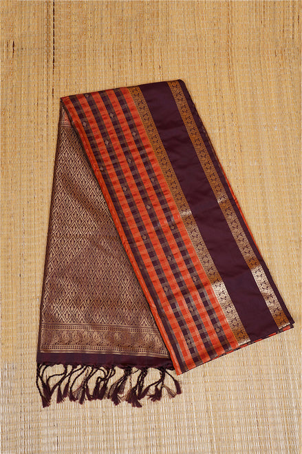 Orange and Coffee Brown Checked Kanchipuram Semi Soft Silk Saree